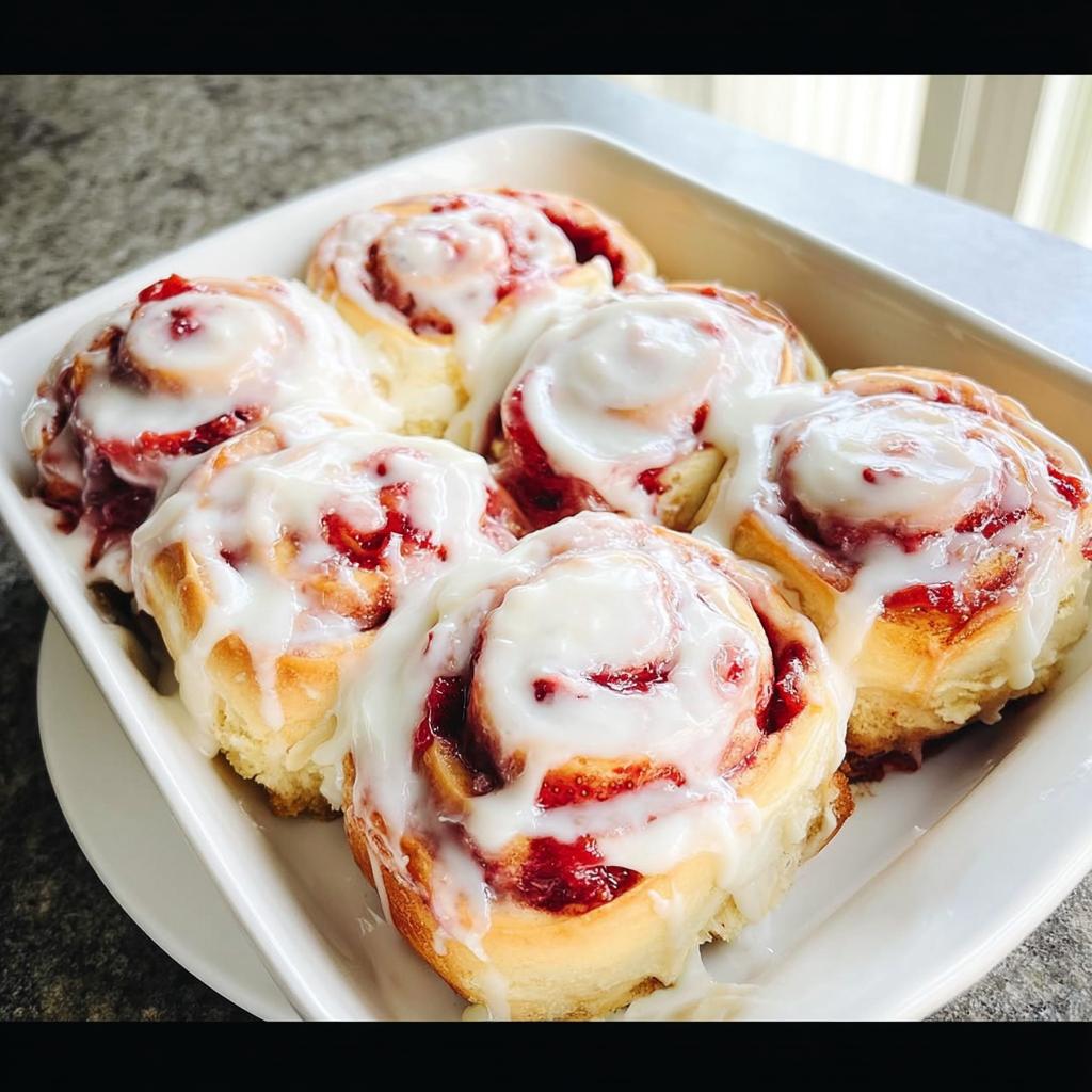 Six sweet strawberry rolls drizzled with white icing in a white baking dish, perfect for breakfast ideas recipes.