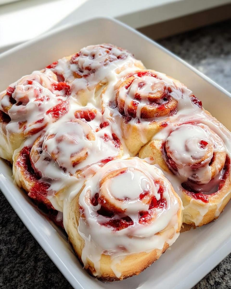 Close-up of sweet strawberry rolls drizzled with white icing, perfect for breakfast ideas.