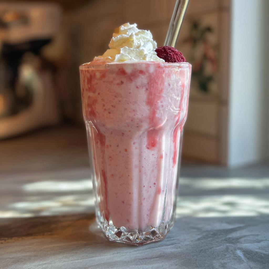 A refreshing strawberry smoothie topped with whipped cream and a raspberry, perfect for when you crave Starbucks drinks recipes.