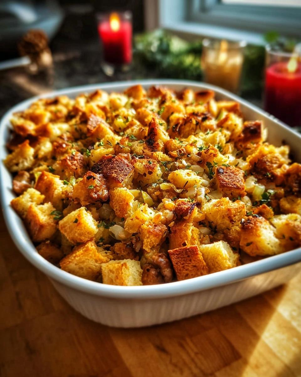 A close-up of a freshly baked stuffing recipe in a white baking dish, with golden-brown bread cubes and herbs.