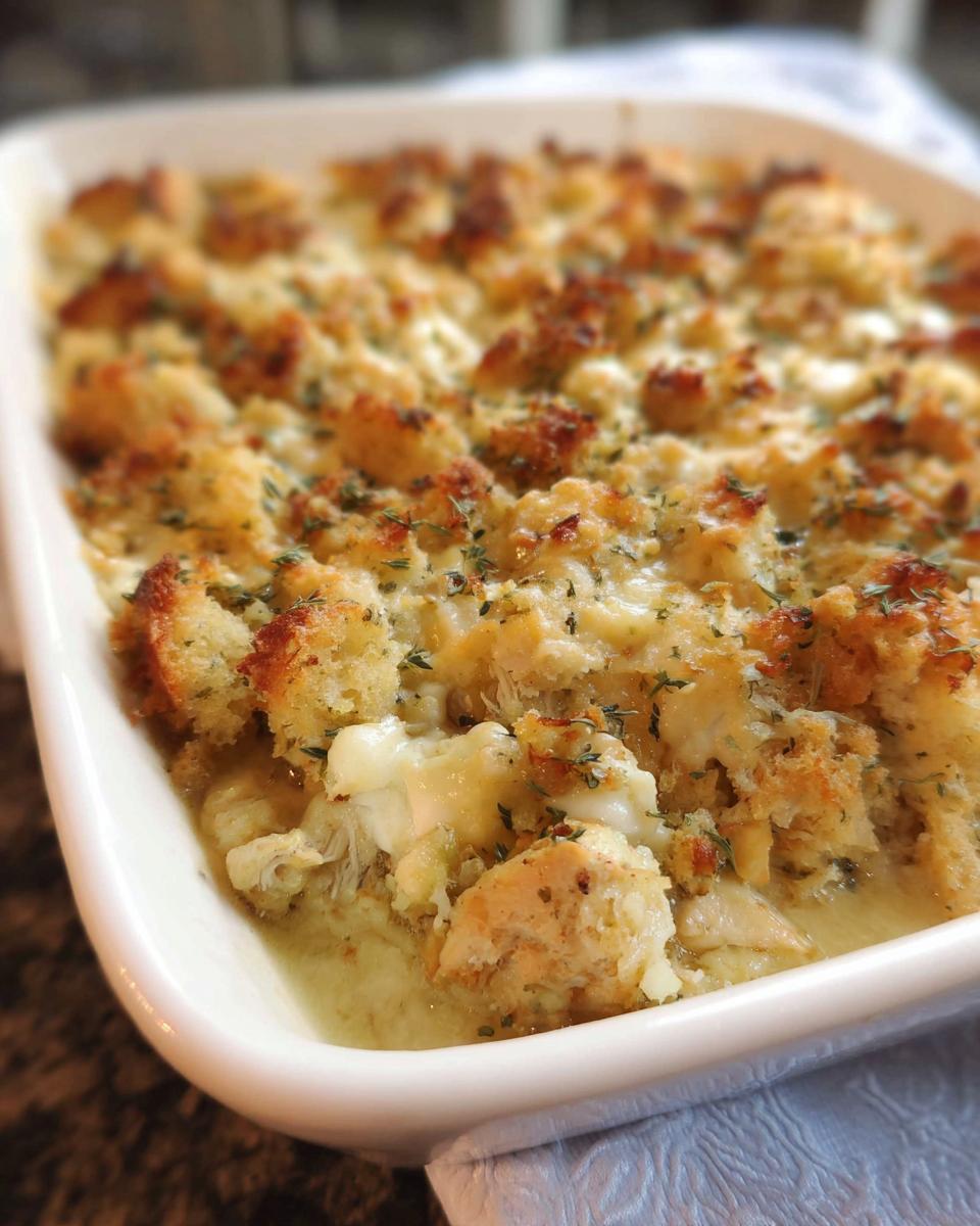 A close-up of a baked casserole dish filled with a stuffing recipe, featuring bread cubes, cheese, and herbs.