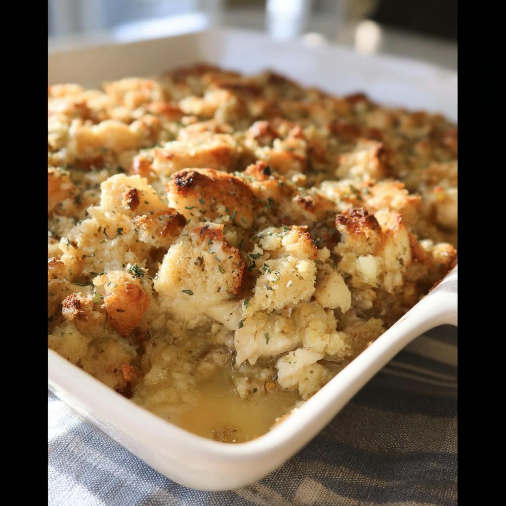 A close-up of a baked casserole dish filled with a delicious stuffing recipe, topped with golden-brown bread cubes and herbs.