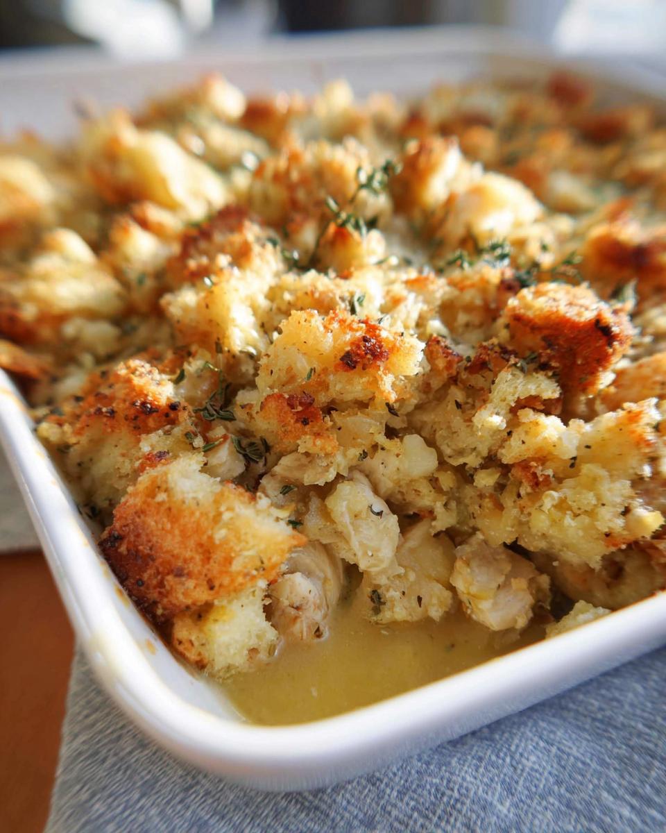 Close-up of a golden-brown baked casserole with chunks of bread, herbs, and visible chicken pieces in a savory broth.