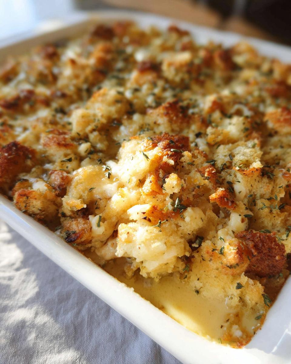Close-up of a baked casserole dish filled with a comforting stuffing recipe, topped with golden bread cubes and herbs.