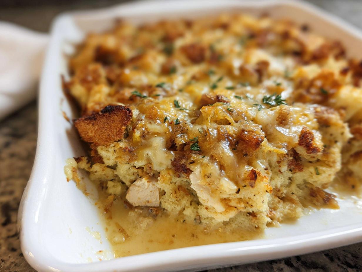 A close-up of a comforting stuffing recipe with chunks of chicken, melted cheese, and herbs in a white baking dish.