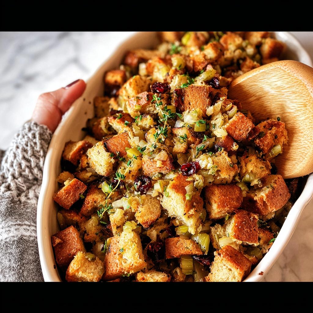 A close-up of a white baking dish filled with homemade stuffing, featuring cubes of bread, celery, cranberries, and fresh thyme.