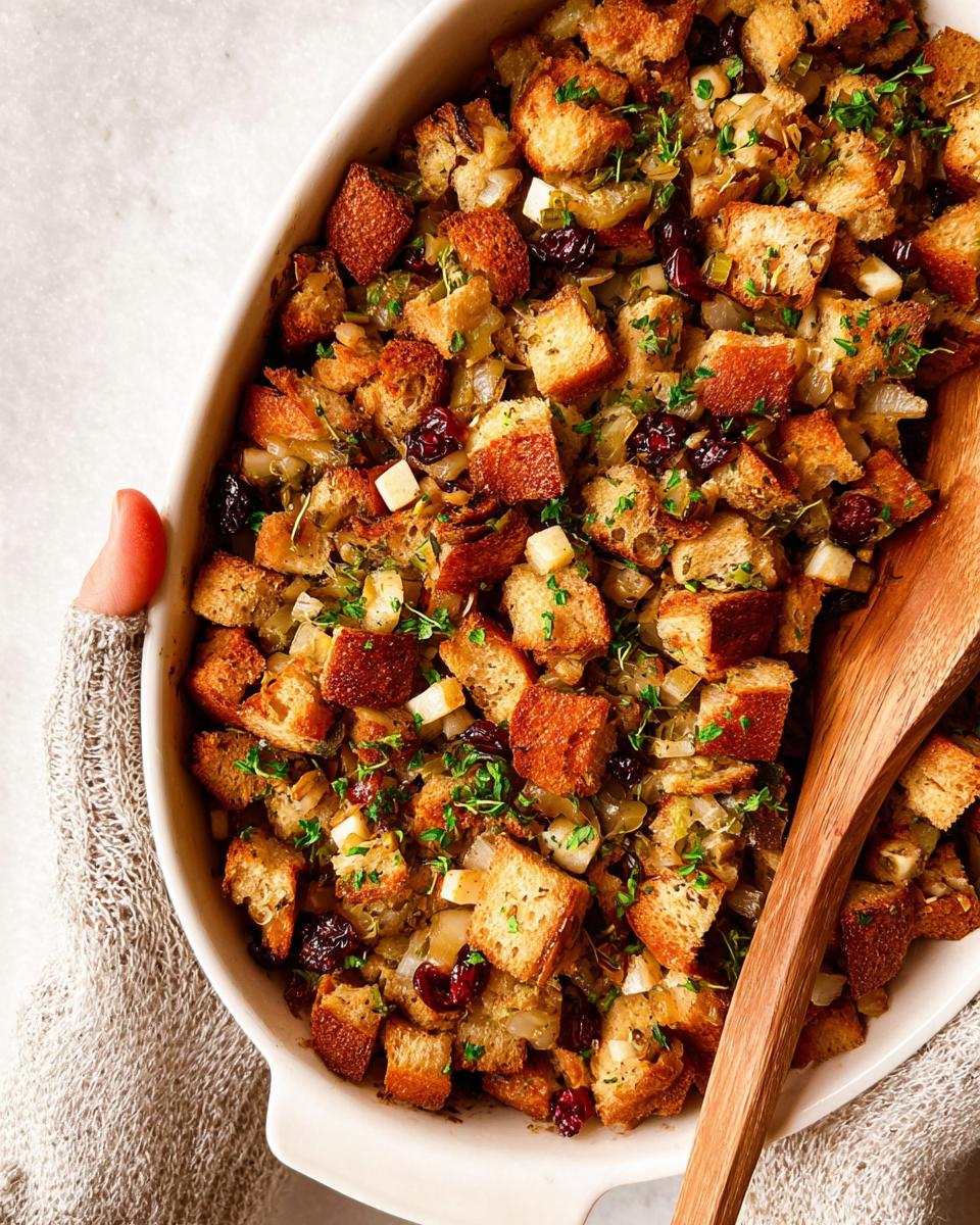 A close-up of a baking dish filled with golden-brown bread cubes, dried cranberries, diced apples, and fresh herbs, a classic stuffing recipe.