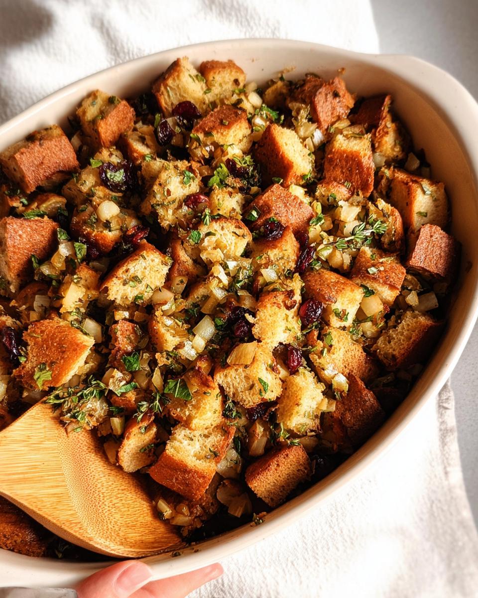Close-up of a baking dish filled with golden-brown bread cubes, dried cranberries, and fresh herbs, ready to serve this stuffing recipe.