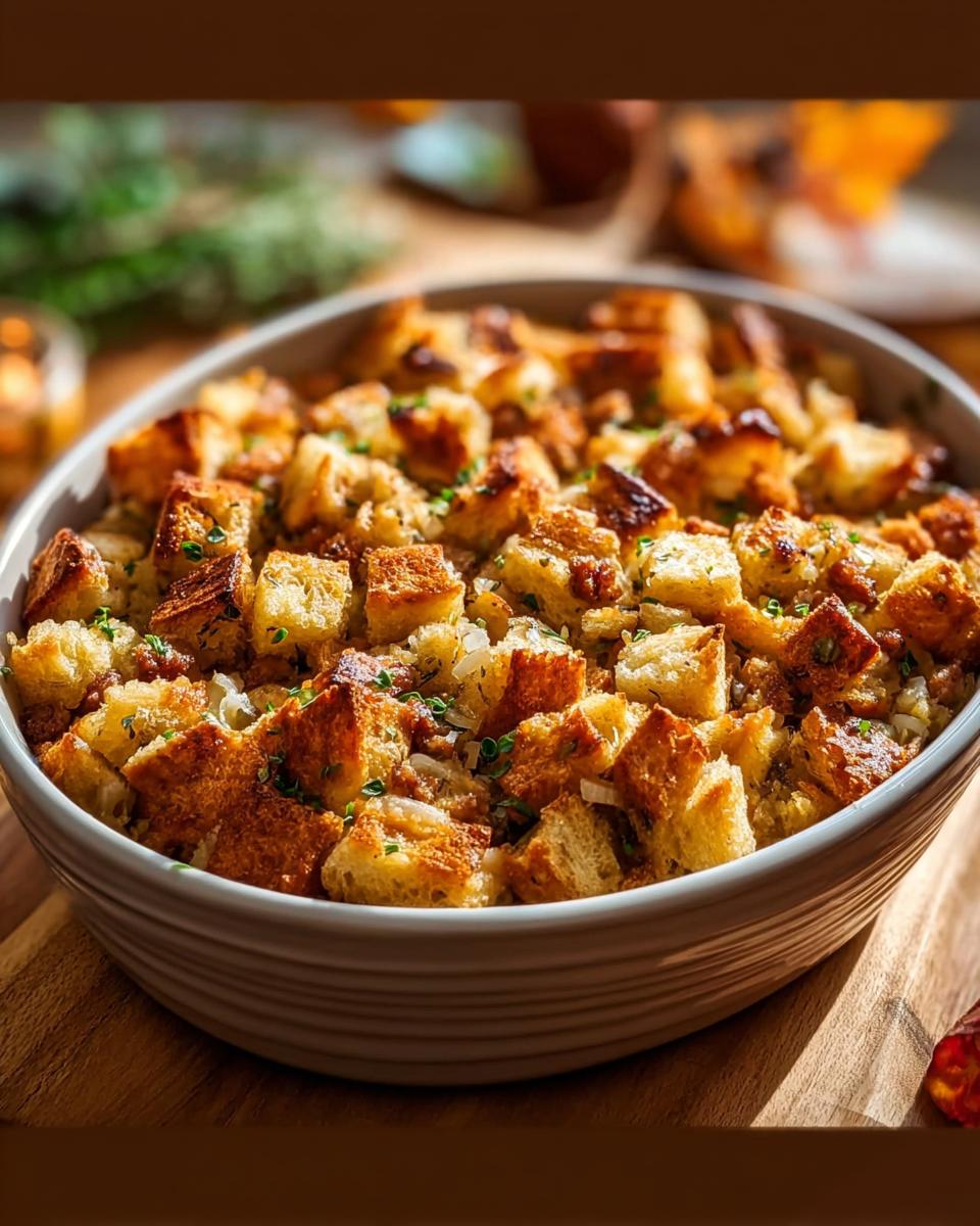 A close-up of a rustic bowl filled with golden brown stuffing, featuring cubed bread, herbs, and savory ingredients.
