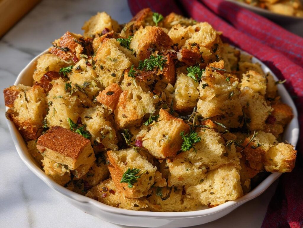 Close-up of a white bowl filled with golden-brown bread cubes, herbs, and spices, ready for The Only Stuffing Recipes Recipe.