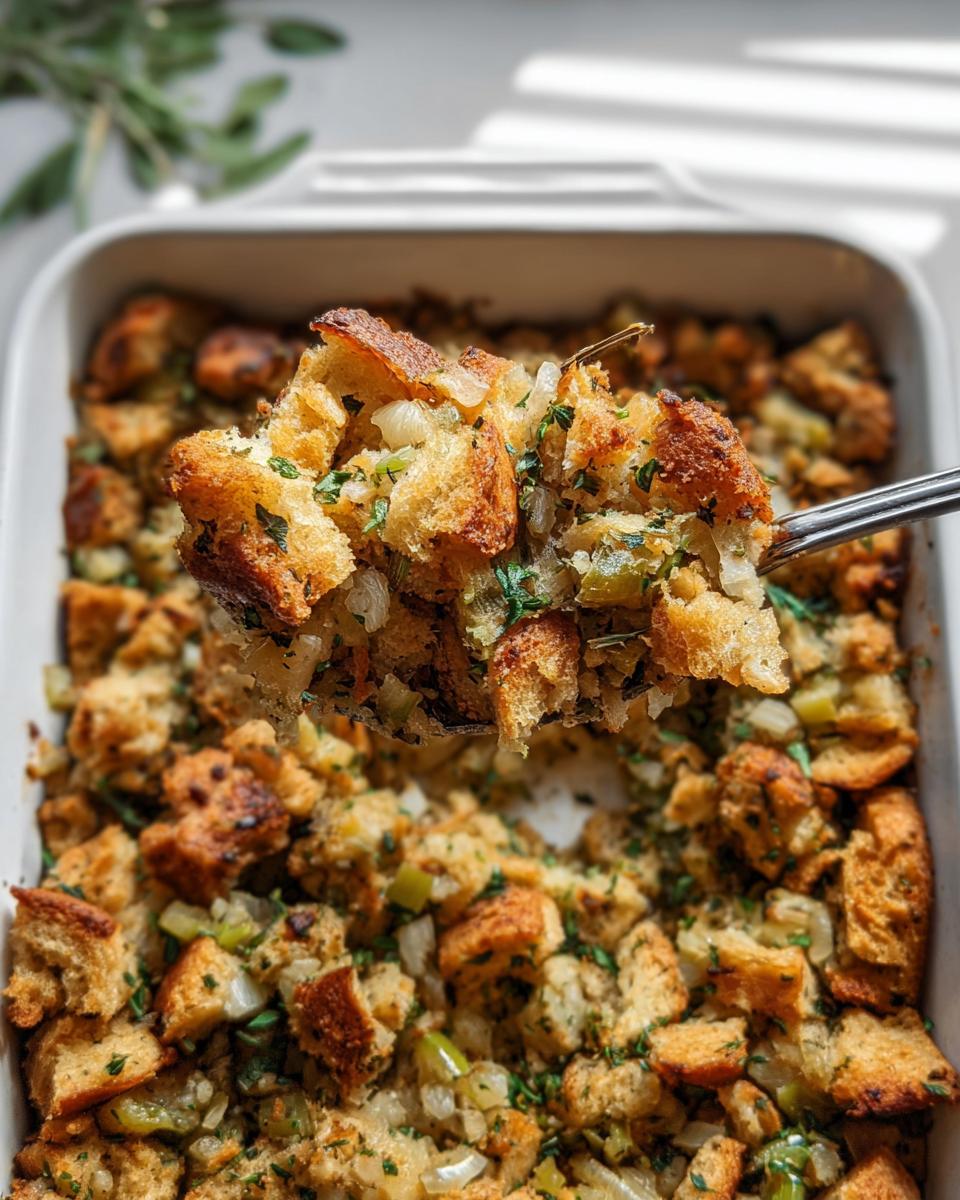 A spoonful of homemade stuffing, showcasing bread cubes, herbs, and vegetables, from a baking dish.