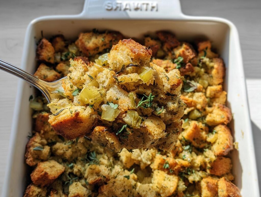 A spoonful of homemade stuffing, showcasing bread cubes, celery, and herbs, from a baking dish.