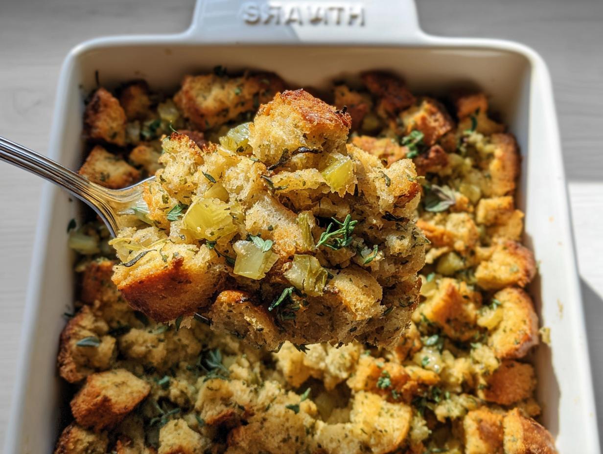 A spoonful of homemade stuffing, showcasing bread cubes, celery, and herbs, from a baking dish.