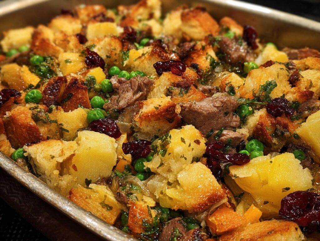 Close-up of a hearty stuffing recipe in a baking dish, featuring bread cubes, meat, peas, and cranberries.