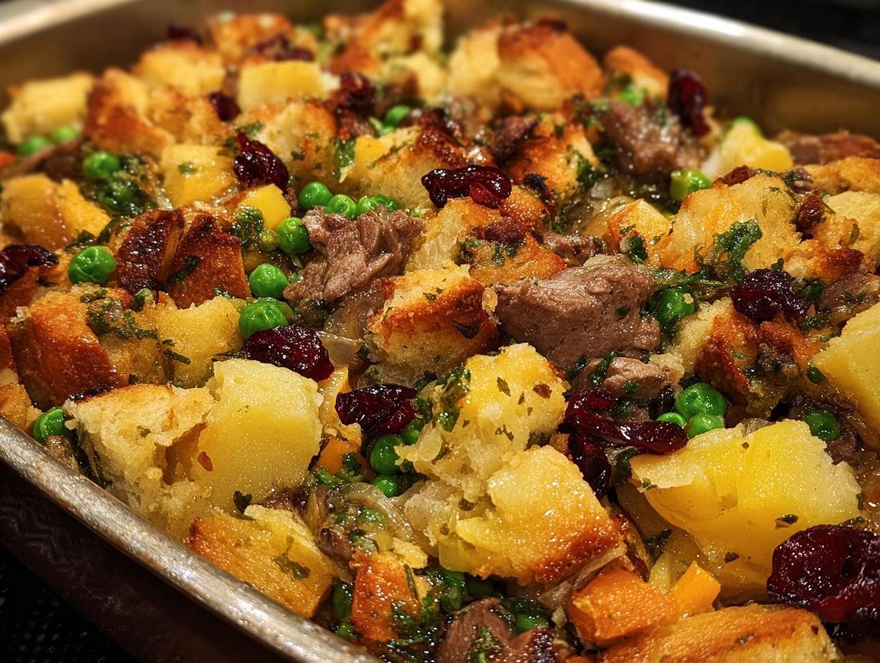 Close-up of a hearty stuffing recipe in a baking dish, featuring bread cubes, meat, peas, and cranberries.