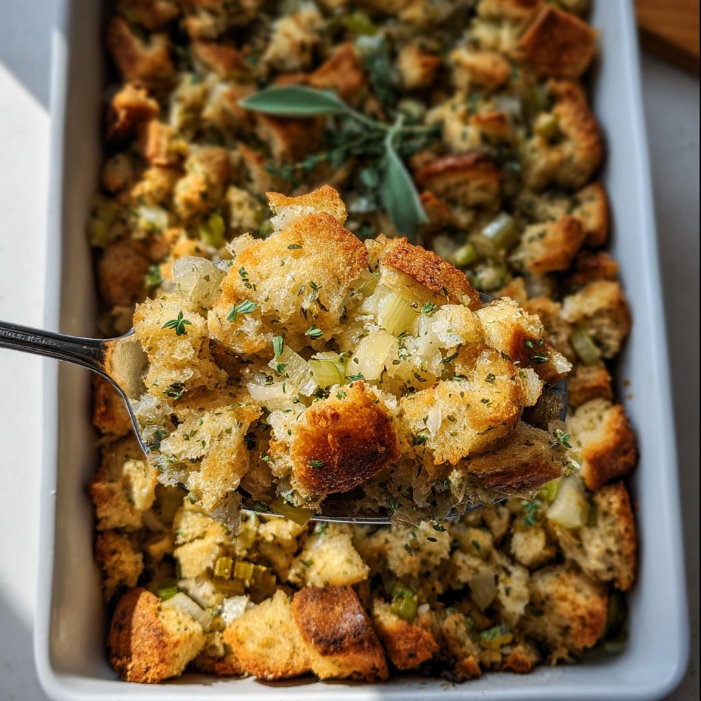 A spoonful of homemade stuffing, showcasing bread cubes, celery, and herbs, from a casserole dish.