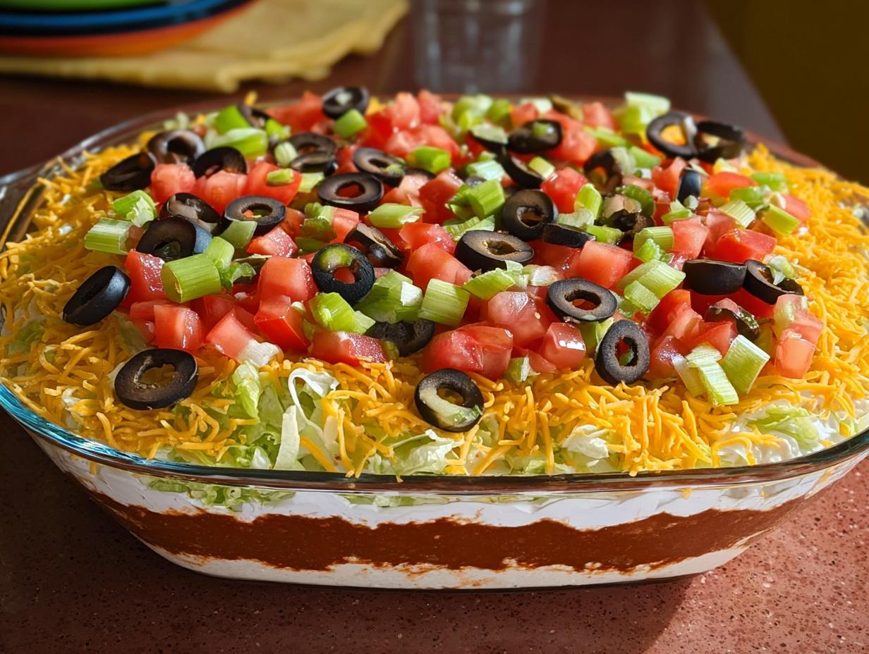 A delicious 7 layer taco dip, perfect for Taco Tuesday recipes, topped with shredded cheese, olives, tomatoes, and green onions.
