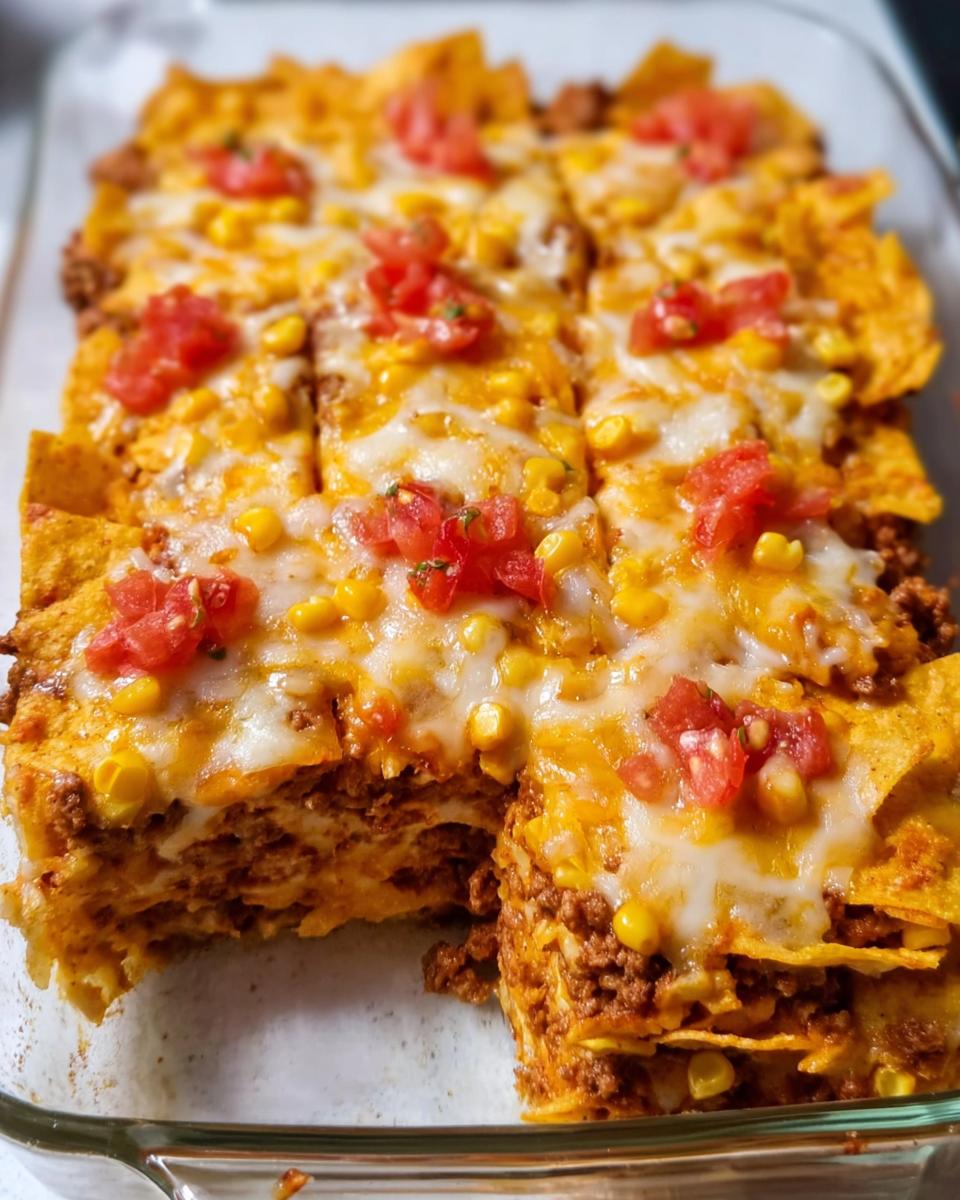 A delicious Taco Tuesday casserole topped with melted cheese, corn, and diced tomatoes, cut into squares.