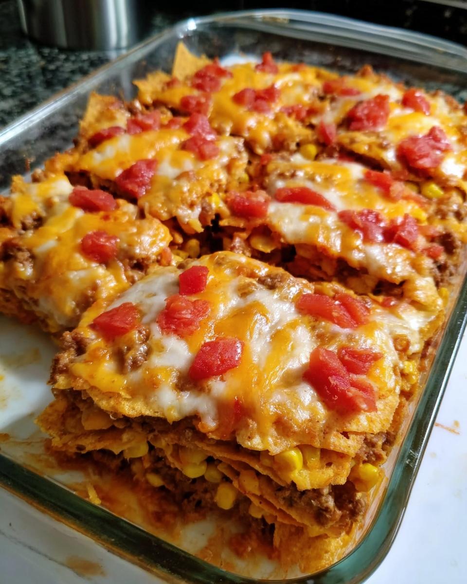 Close-up of a layered Taco Tuesday casserole with melted cheese, ground meat, corn, and diced tomatoes.
