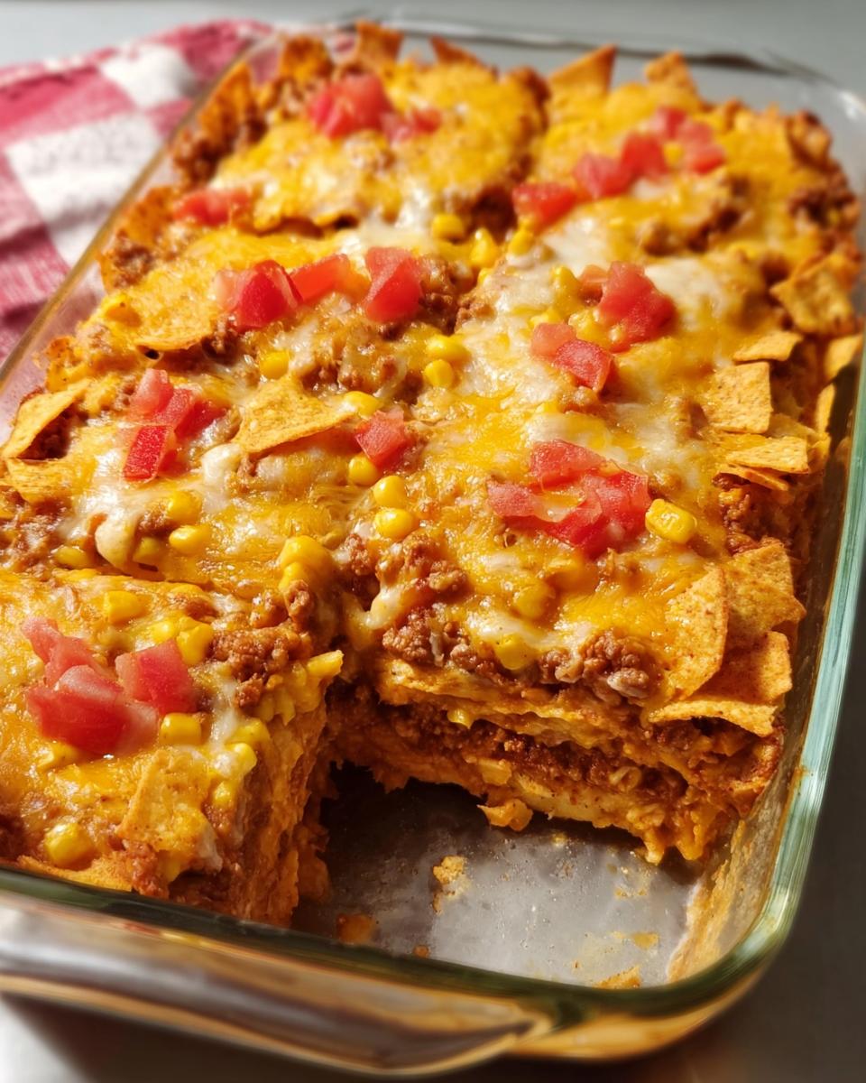 A close-up of a freshly baked Taco Tuesday casserole, layered with ground beef, corn, cheese, and topped with diced tomatoes.