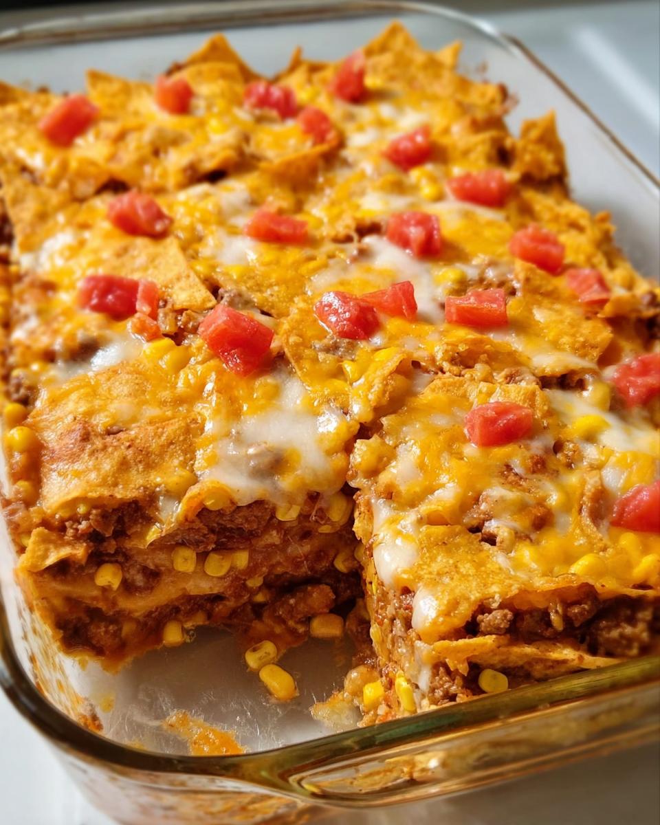 A close-up of a freshly baked Taco Tuesday casserole in a glass dish, topped with melted cheese, corn, and diced tomatoes.