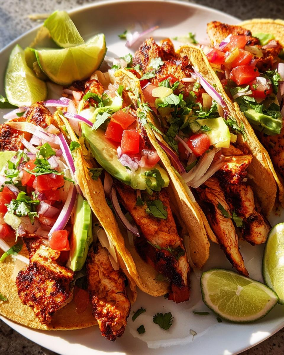 A plate of freshly made chicken tacos, filled with seasoned chicken, avocado, tomato, red onion, and cilantro, served with lime wedges.