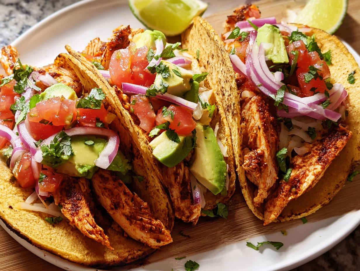 Three fully loaded chicken tacos with avocado, tomato, red onion, and cilantro, perfect for Taco Tuesday Recipes Meal Prep.