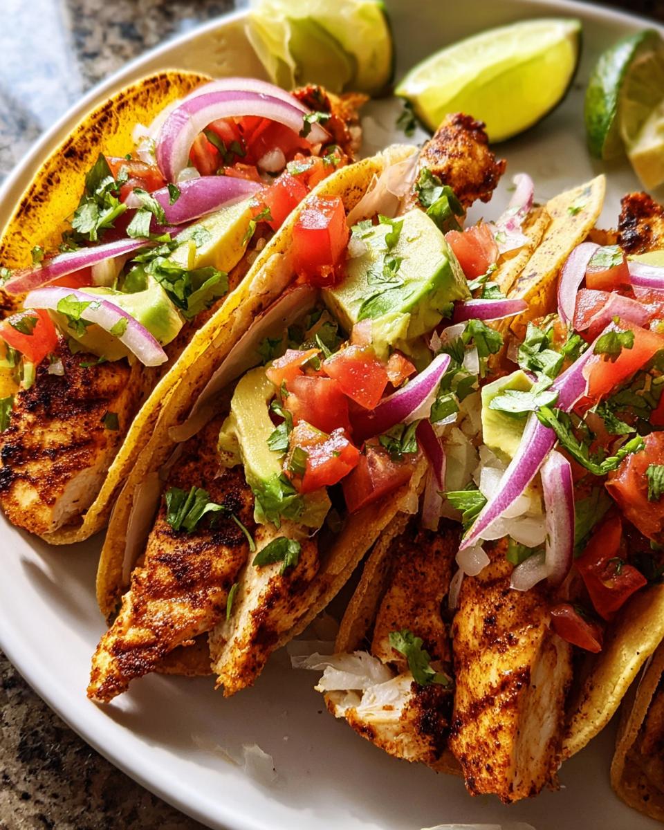A plate of delicious chicken tacos, a perfect Taco Tuesday Recipes Meal Prep option, topped with avocado, tomato, red onion, and cilantro.