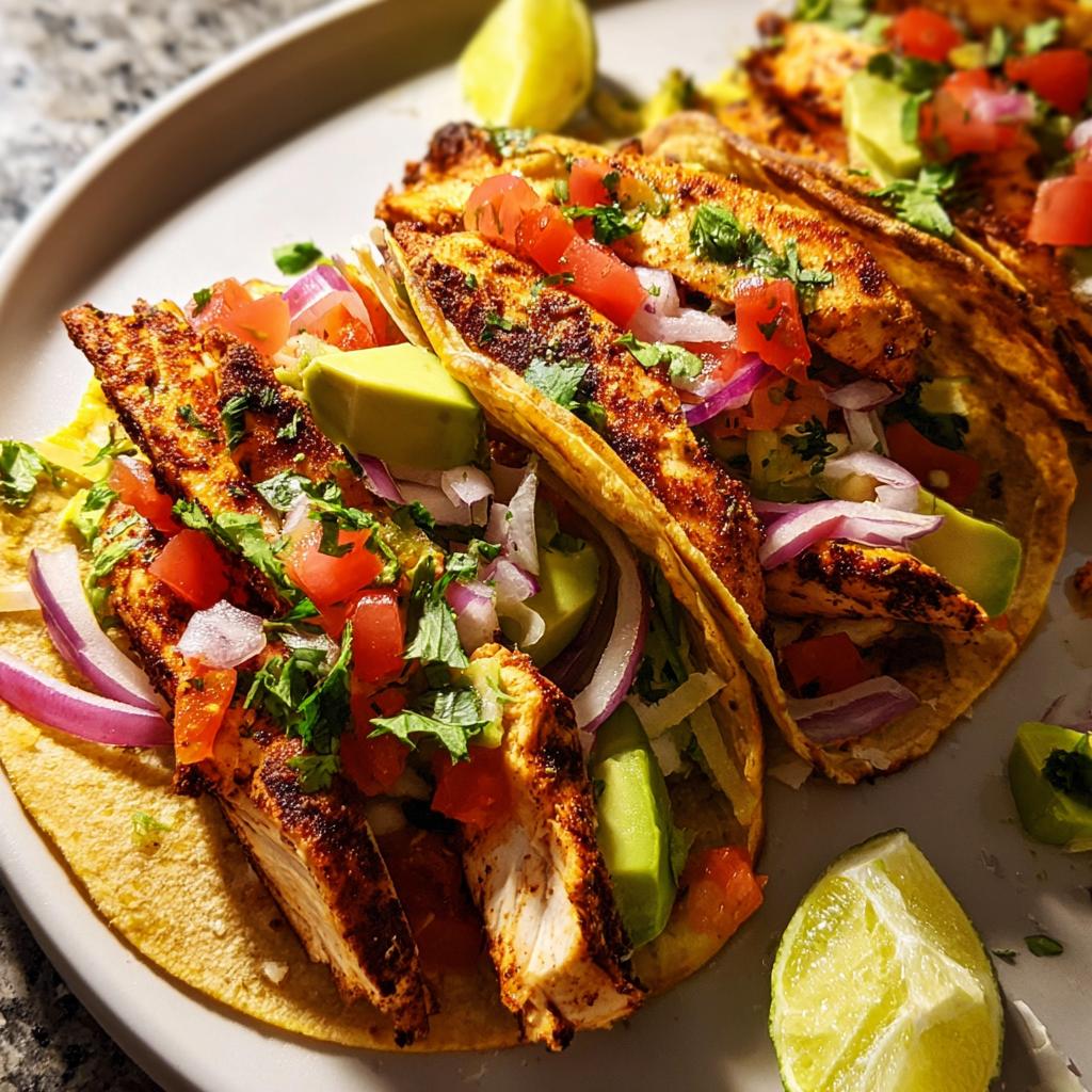 Close-up of flavorful chicken tacos for Taco Tuesday Recipes Meal Prep, filled with avocado, tomato, red onion, and cilantro.