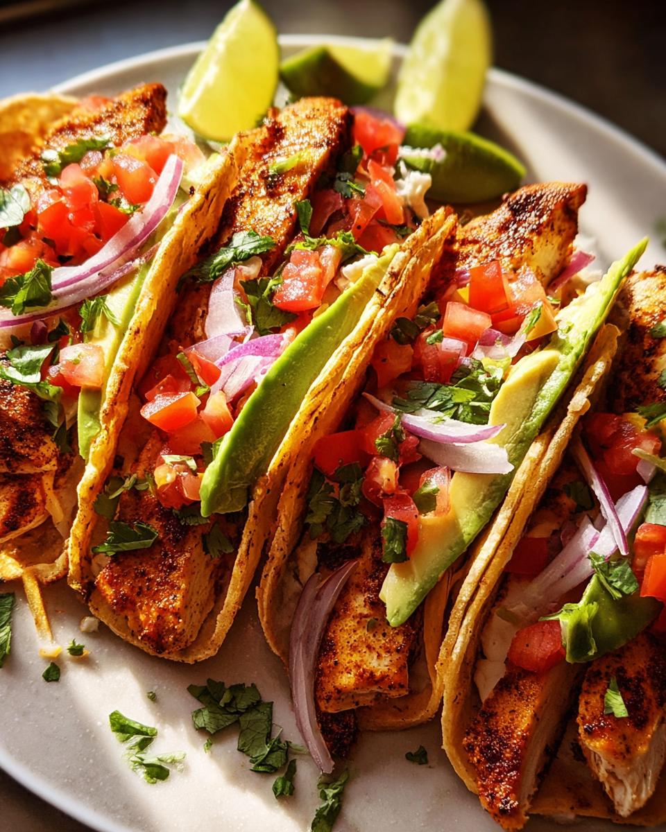 Close-up of freshly prepared tacos filled with seasoned chicken, avocado, tomatoes, red onion, and cilantro, perfect for Taco Tuesday Recipes Meal Prep.