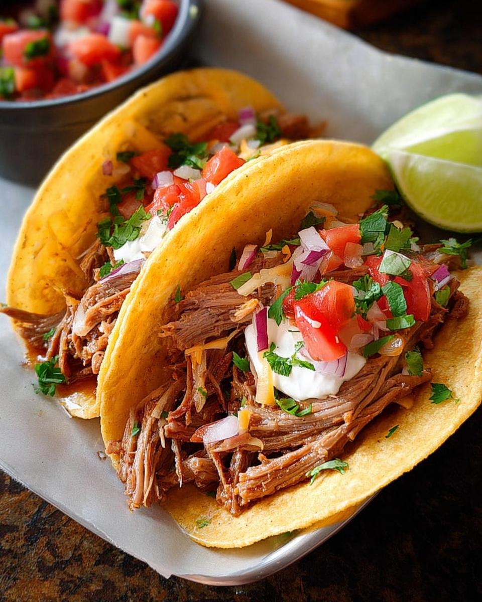 Two delicious tacos filled with shredded beef, pico de gallo, sour cream, and cilantro, perfect for Taco Tuesday Recipes in 15 Minutes.