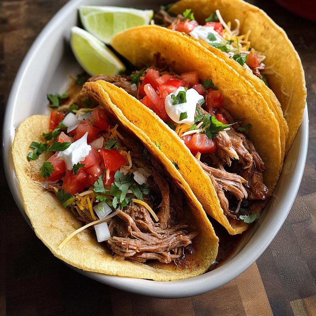 Three fully loaded shredded beef tacos with tomatoes, onions, cheese, sour cream, and cilantro, served with lime wedges.