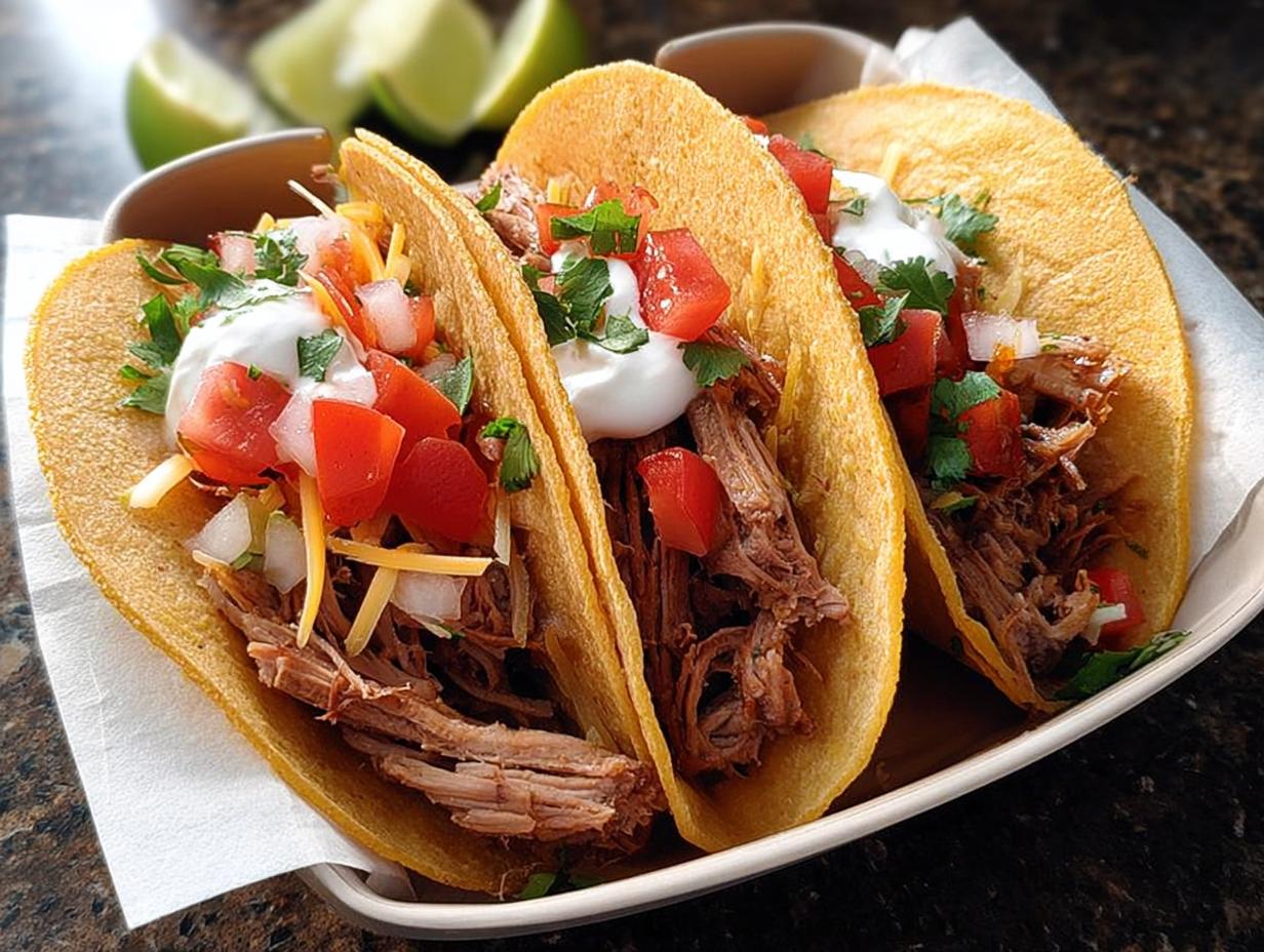 Three fully loaded shredded beef tacos, perfect for Taco Tuesday Recipes in 15 Minutes.