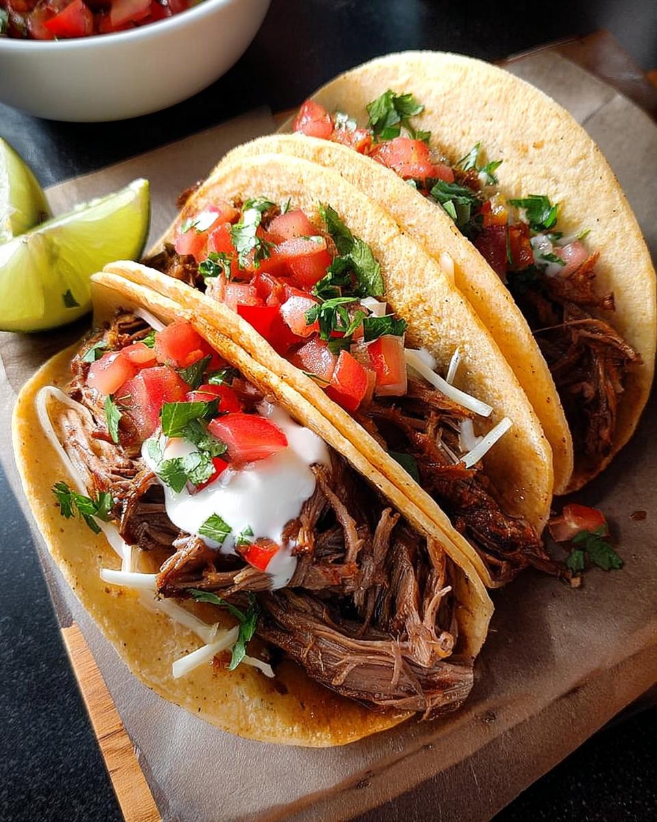 Three delicious shredded meat tacos topped with pico de gallo, sour cream, and cheese, perfect for Taco Tuesday.