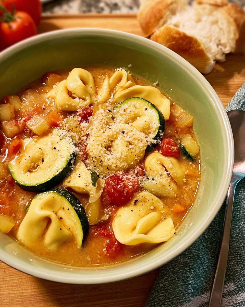 A bowl of tortellini soup with zucchini, tomatoes, and grated cheese, perfect for busy weeknights.