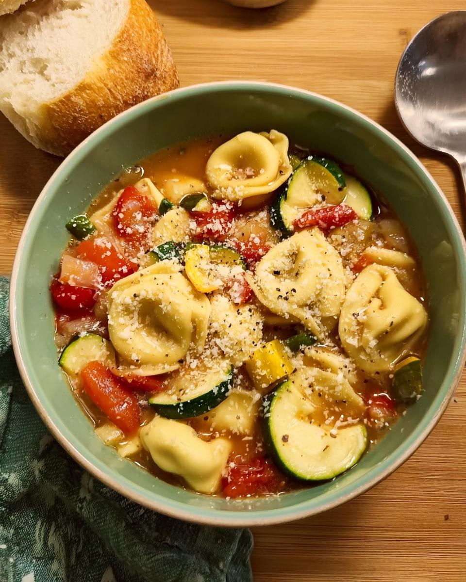A close-up of a bowl of tortellini vegetable soup with tomatoes, zucchini, and squash, topped with grated Parmesan cheese.