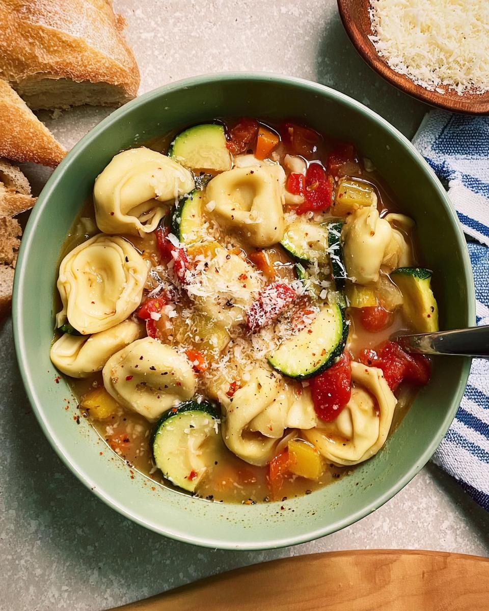 A bowl of tortellini vegetable soup with zucchini, tomatoes, and cheese, perfect for busy weeknights.