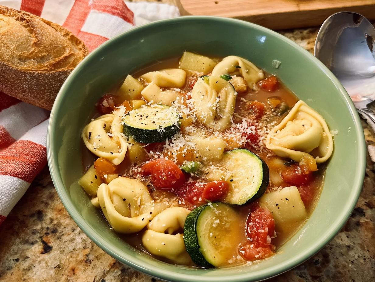 A bowl of tortellini vegetable soup with zucchini, tomatoes, and potatoes, topped with parmesan cheese.