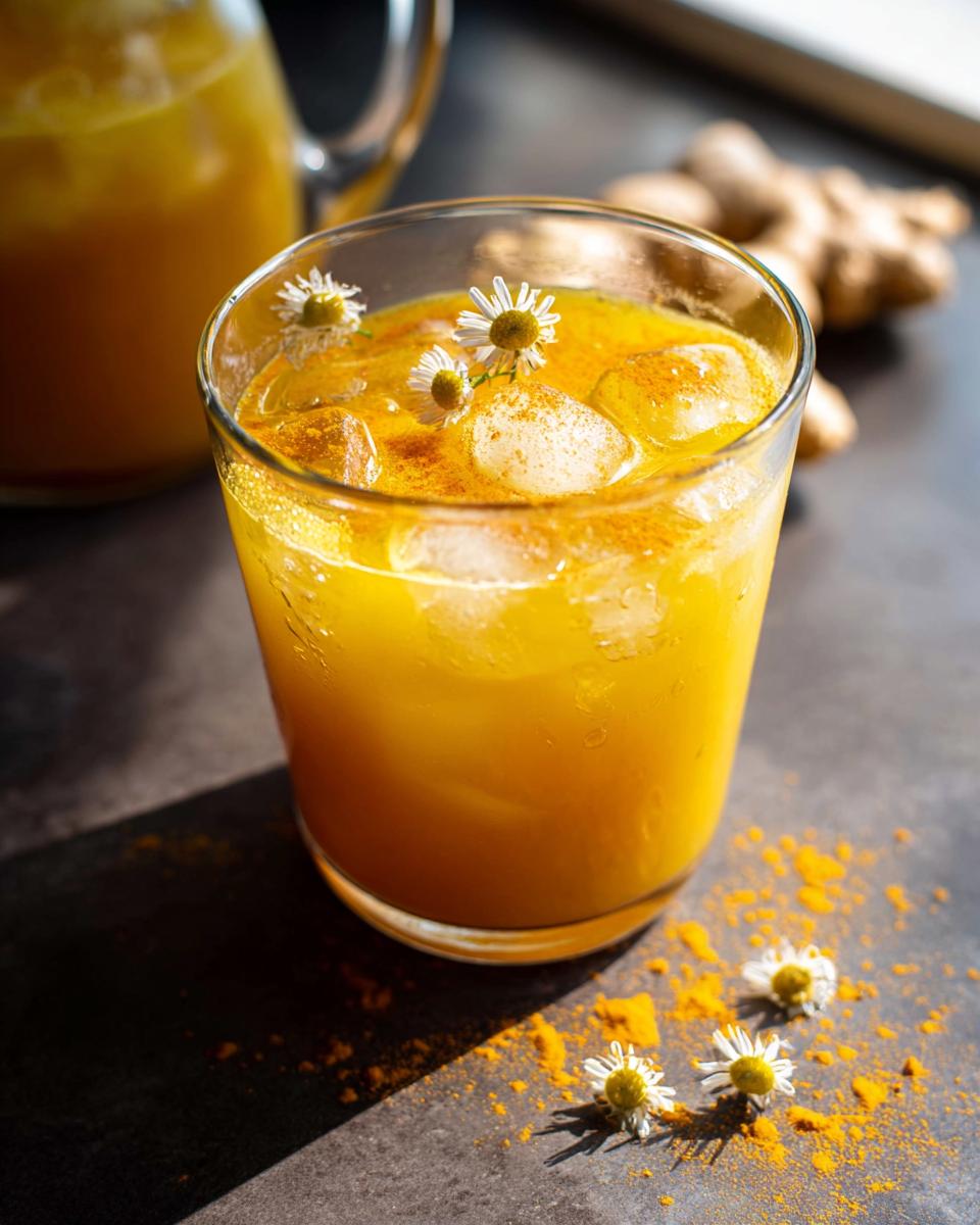 A refreshing golden turmeric ginger drink with ice, garnished with chamomile flowers, perfect for restaurant-style healthy meals at home.