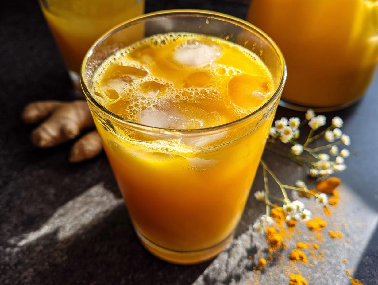 A refreshing glass of golden turmeric ginger drink with ice, part of Restaurant-Style Healthy Meals Recipes at Home.