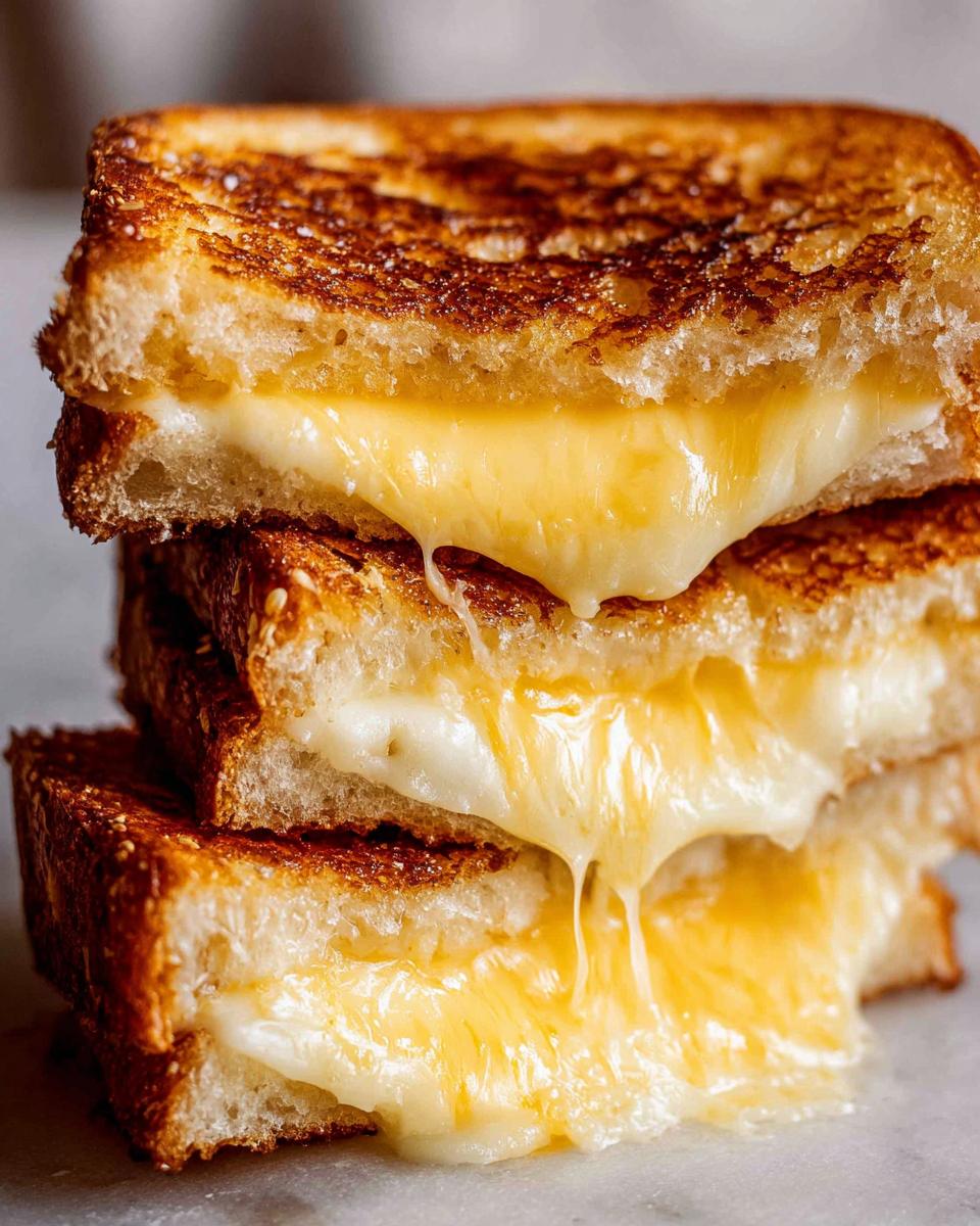 Close-up of a stack of three ultimate grilled cheese sandwiches, with gooey melted cheese oozing out.