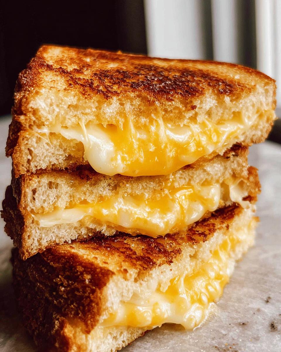 A stack of three perfectly grilled cheese sandwiches, oozing with melted cheese.