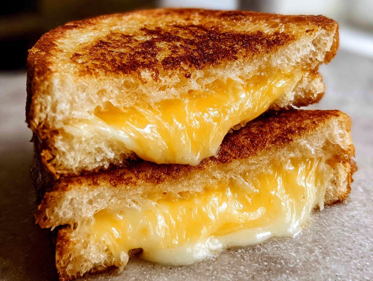 Close-up of a perfectly grilled cheese sandwich cut in half, showcasing gooey melted cheese oozing out.