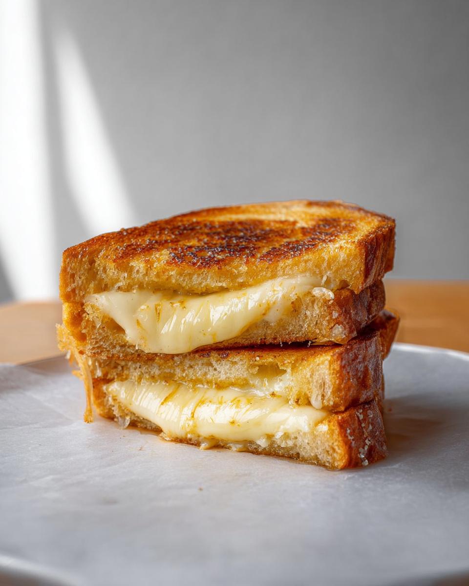 A close-up of two stacked grilled cheese sandwiches, showcasing gooey melted cheese oozing from the golden-brown bread.