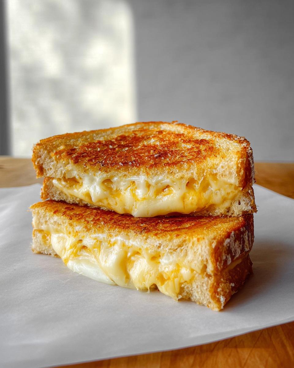A close-up of two halves of a perfectly grilled cheese sandwich, with gooey melted cheese oozing out.