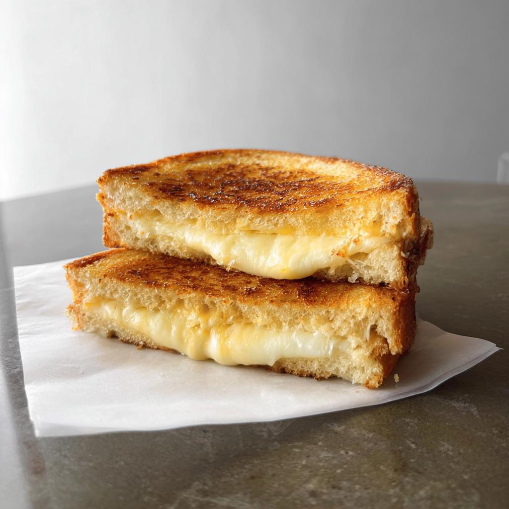 Two halves of a perfectly grilled cheese sandwich stacked, with gooey melted cheese oozing out.