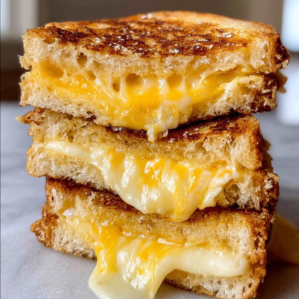 Stack of three perfectly grilled cheese sandwiches with melted, gooey cheese oozing out.