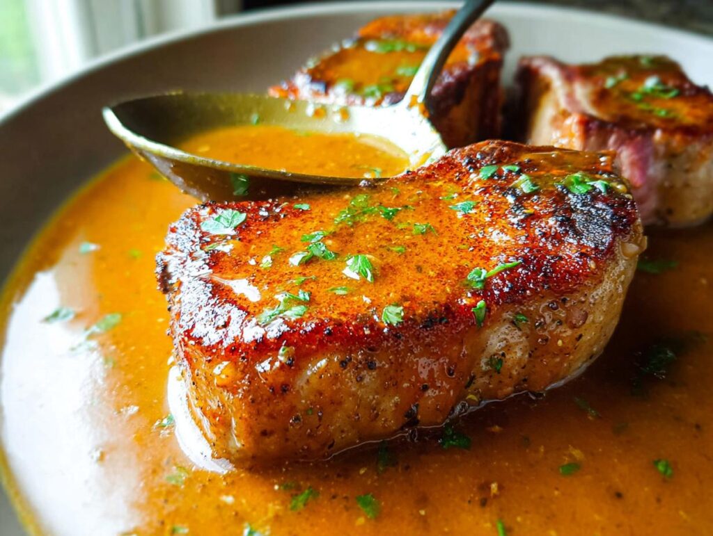 Close-up of perfectly cooked pork chops in a rich, savory sauce, garnished with fresh parsley. The ultimate pork chops recipes guide.