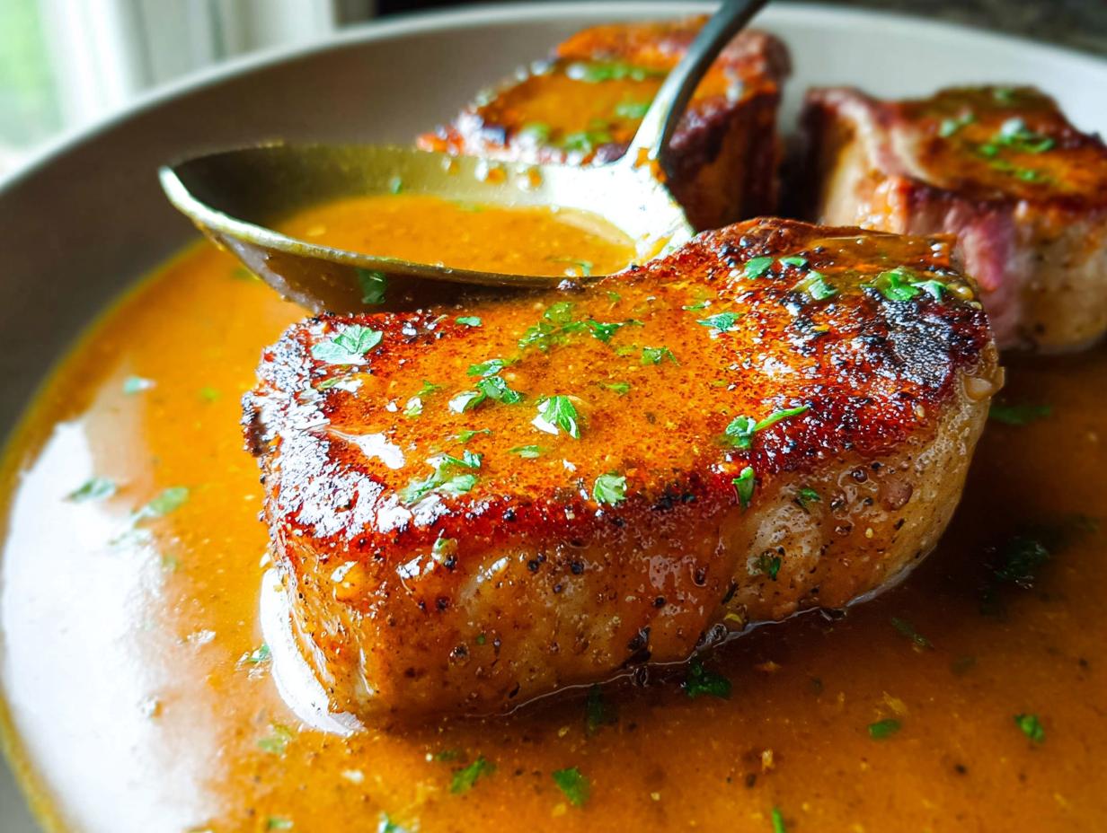 Close-up of perfectly cooked pork chops in a rich, savory sauce, garnished with fresh parsley. The ultimate pork chops recipes guide.