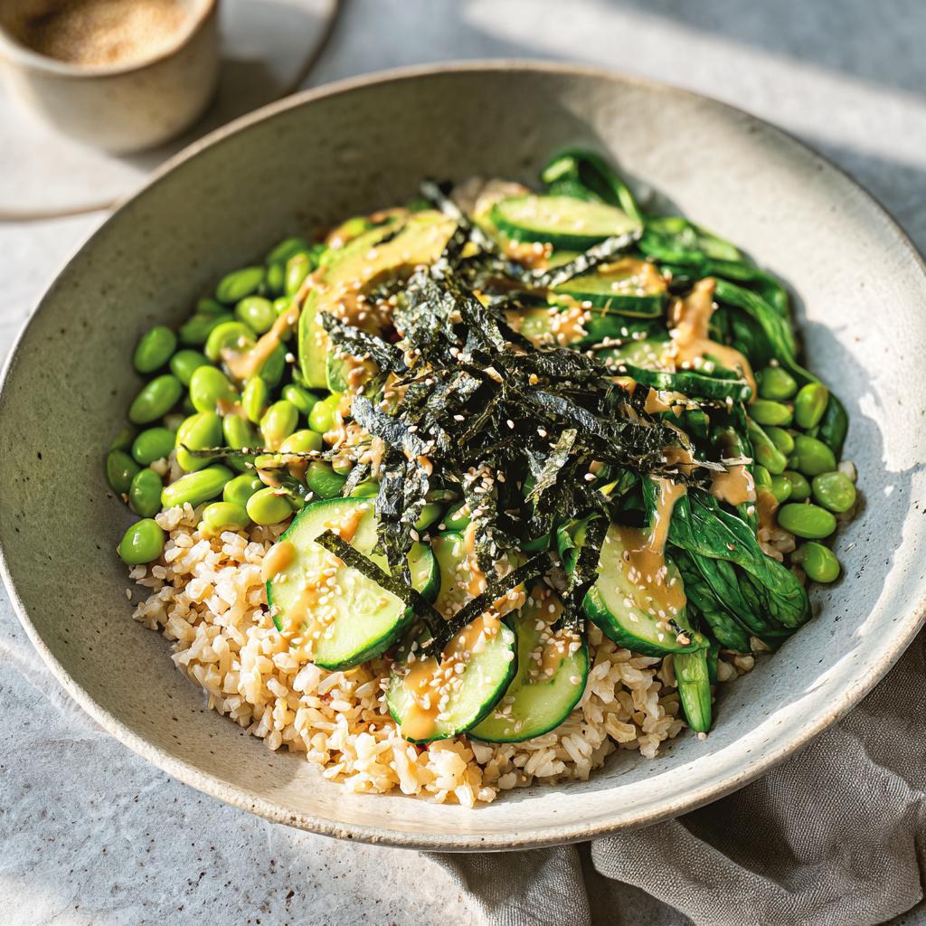 A vibrant and healthy rice bowl with brown rice, edamame, cucumber, avocado, seaweed, and a creamy dressing. This is one of the ultimate rice bowls recipes.